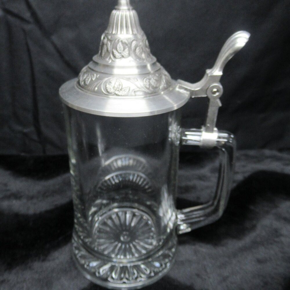 Vintage Clear Glass Stein with Pewter Embossed Lid